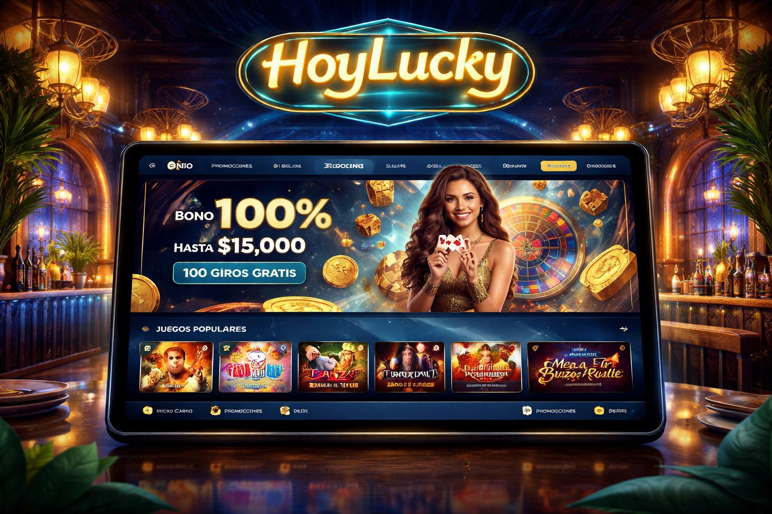 Pantalla del vestíbulo de HoyLucky Casino con juegos en vivo y tragamonedas para México