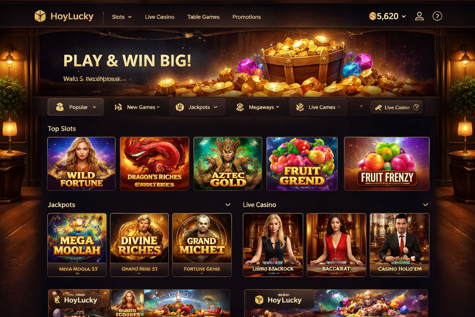 Vista de la plataforma de HoyLucky Casino mostrando categorías organizadas y juegos destacados