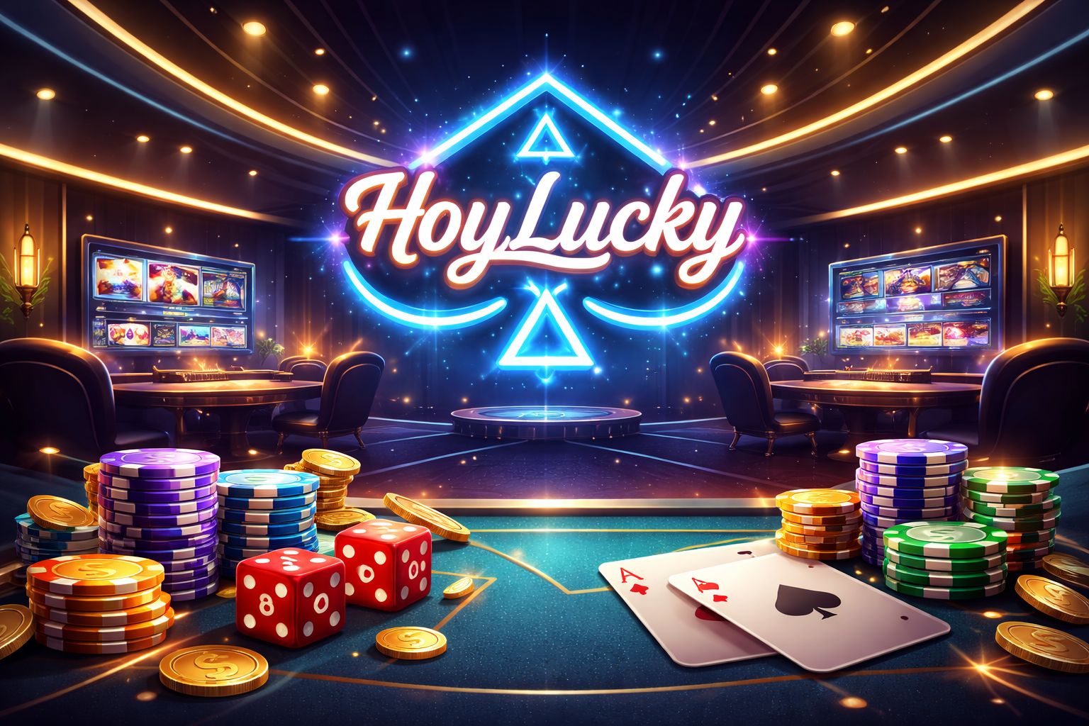 Una vibrante escena de salón de juegos HoyLucky con cartas, fichas, dados brillantes y un letrero de neón HoyLucky visible.