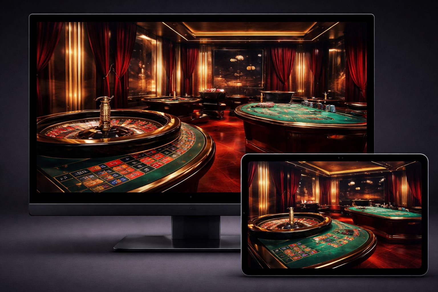 Una configuración pulida de casino en vivo en la pantalla de una tableta con mesas de ruleta y blackjack en un entorno moderno de estudio.