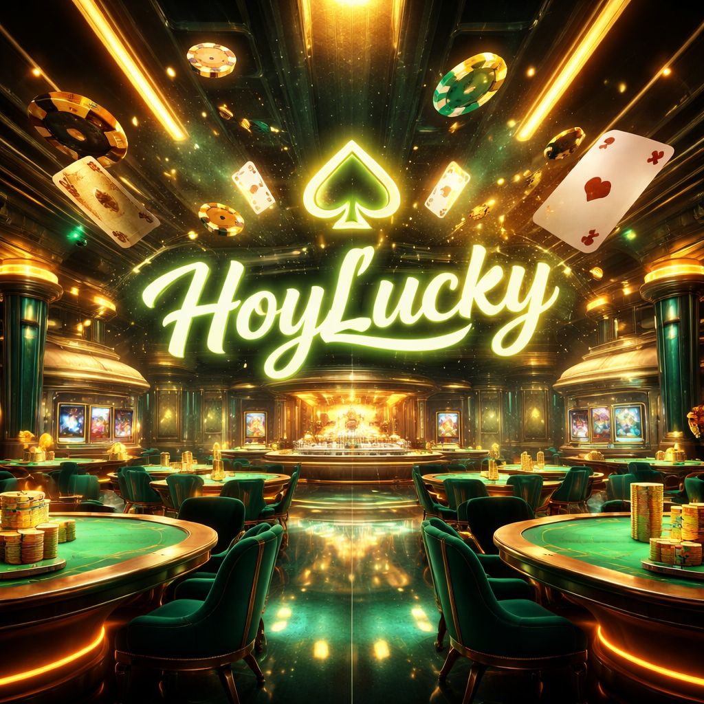 Una vibrante escena de bienvenida digital de casino con monedas brillantes, cartas, fichas y un letrero prominente de HoyLucky en un entorno moderno de juegos.