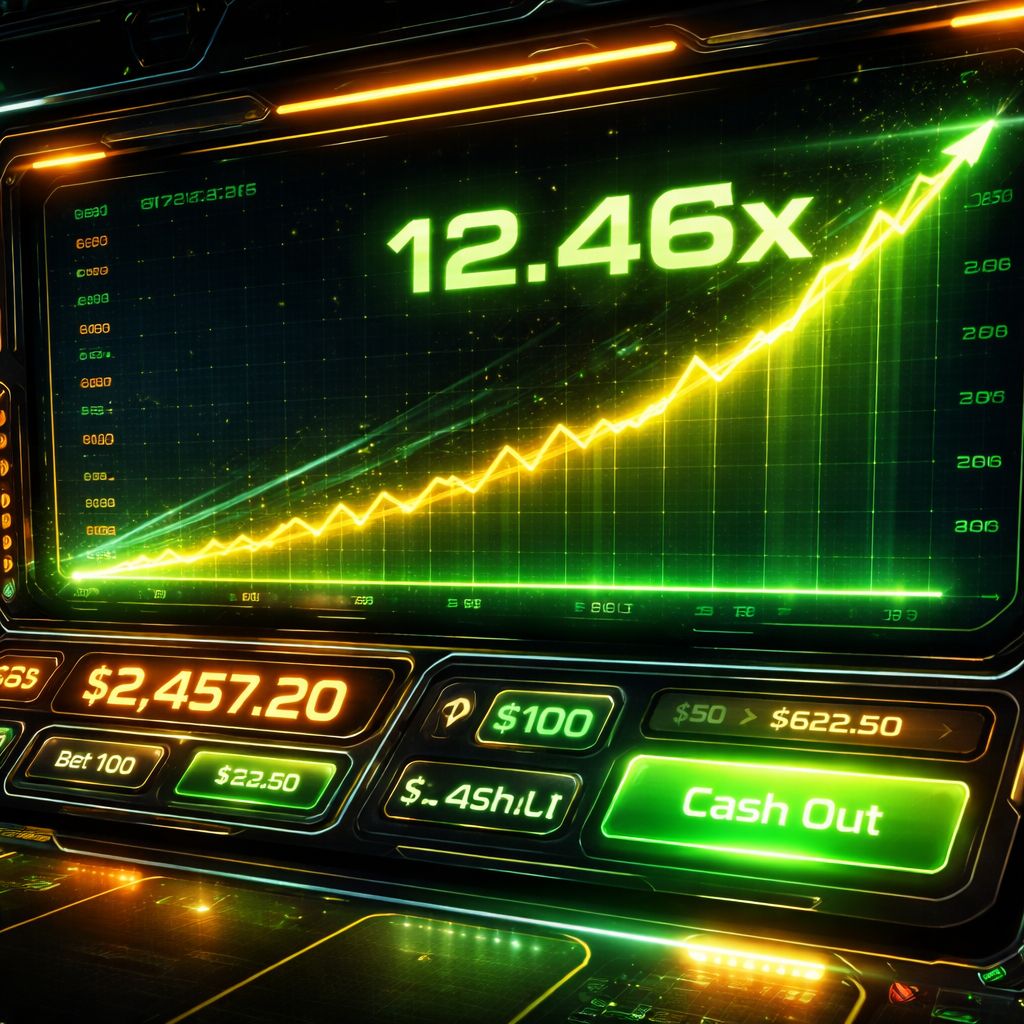 Una interfaz de juego de multiplicador rápido con acción ascendente, gráficos brillantes y una atmósfera tensa de juego en línea.