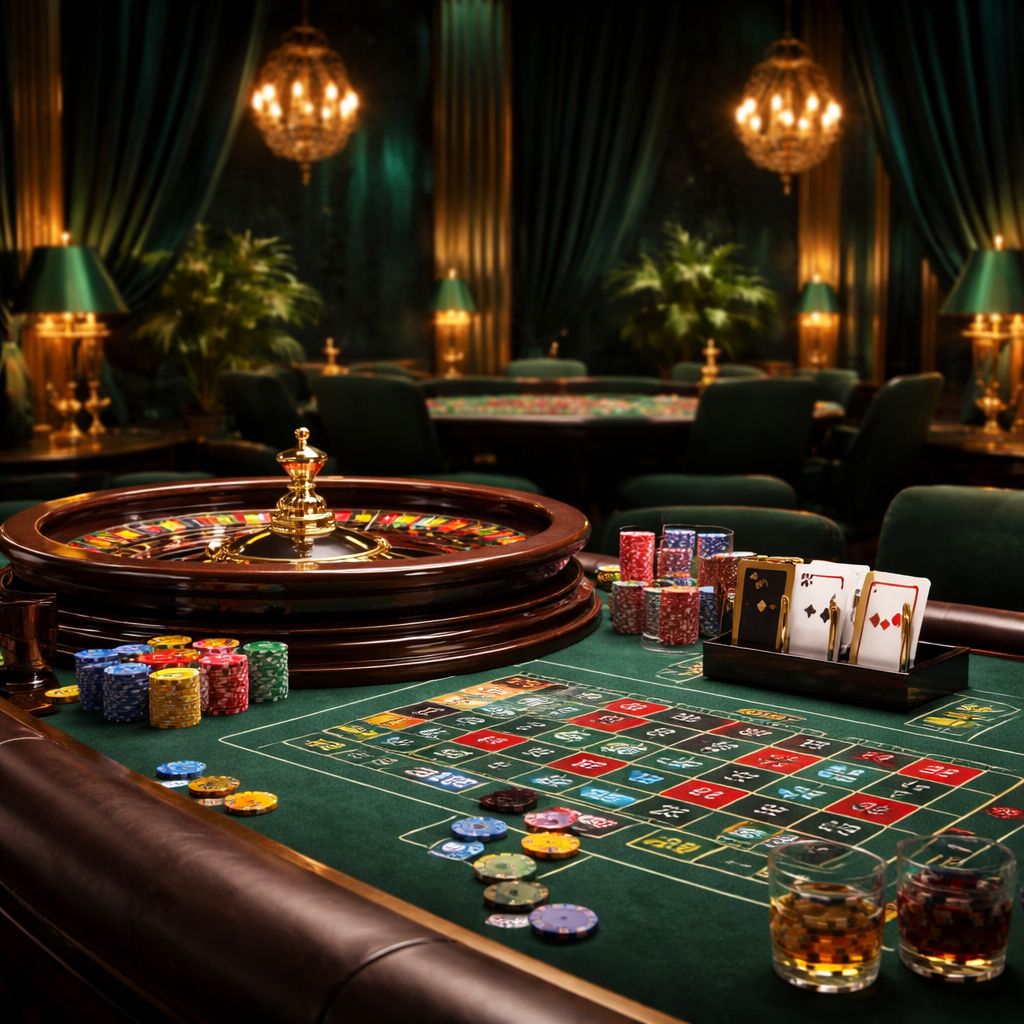 Un entorno pulido de mesa de casino en vivo con cartas, elementos de ruleta y una atmósfera premium de casino en línea.