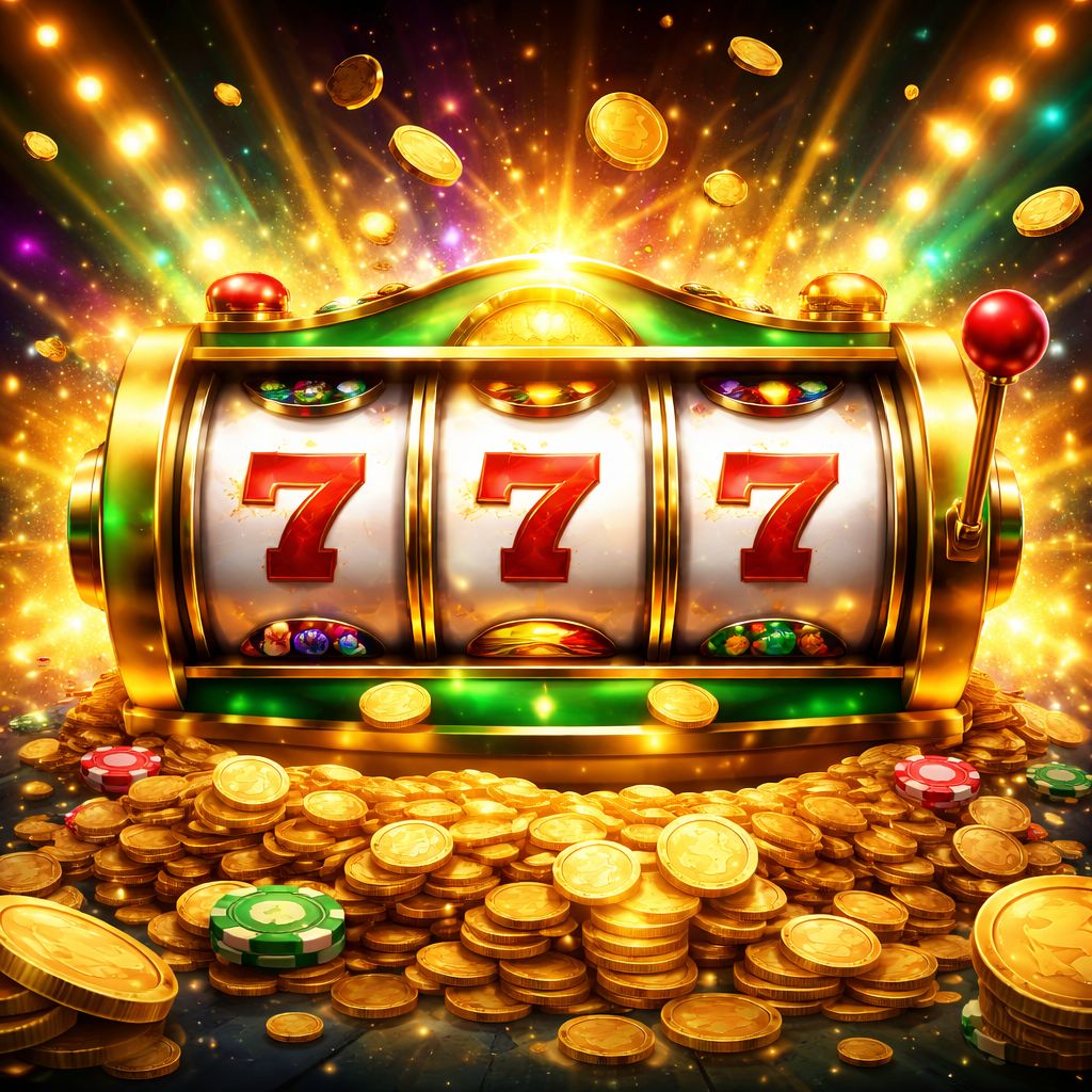 Una dinámica escena de tragamonedas con carretes brillantes, monedas y efectos de celebración en un entorno de casino en línea.